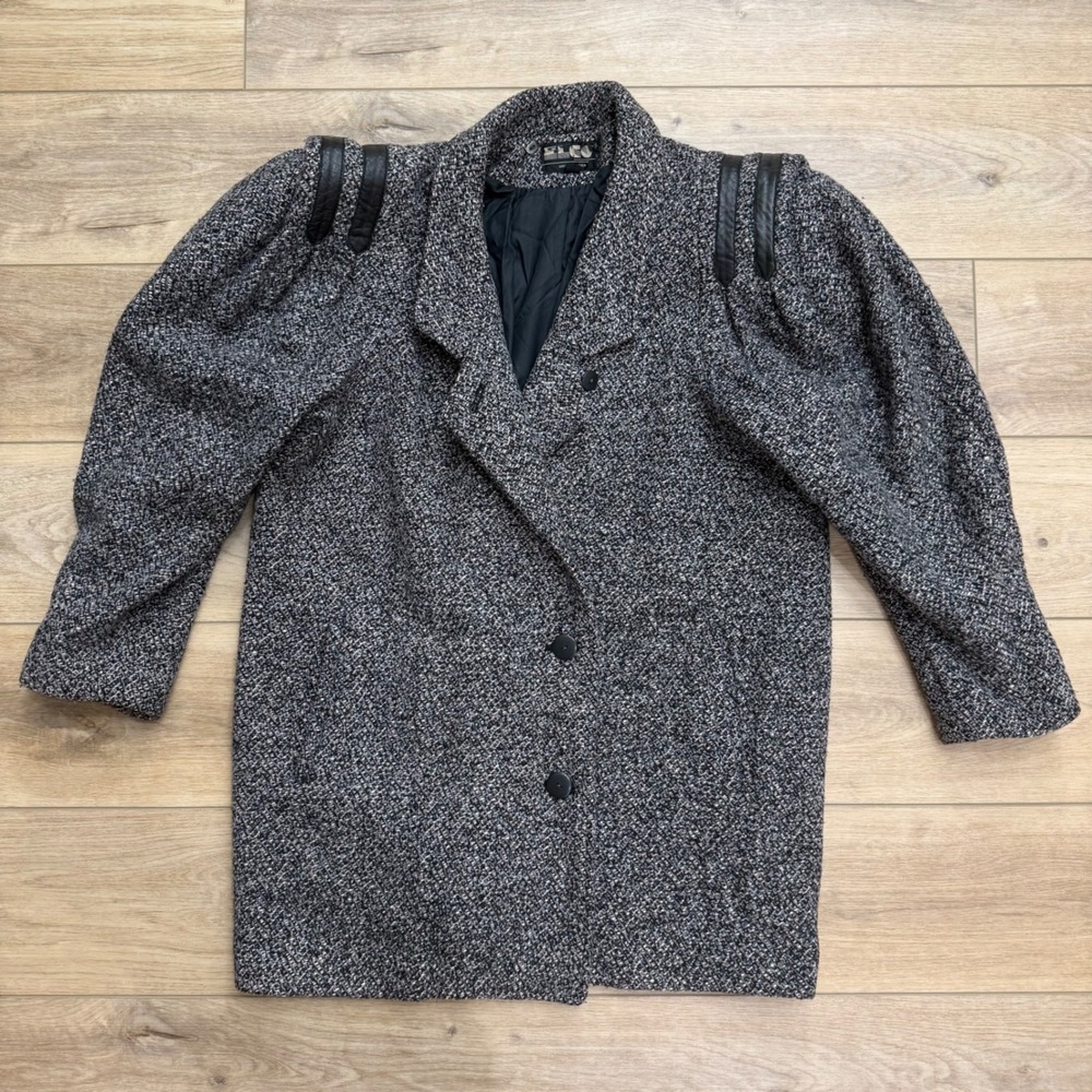 Vintage Elco Wool Tweed Puff Sleeve Leather Trim Coat Grey Pink Size 18